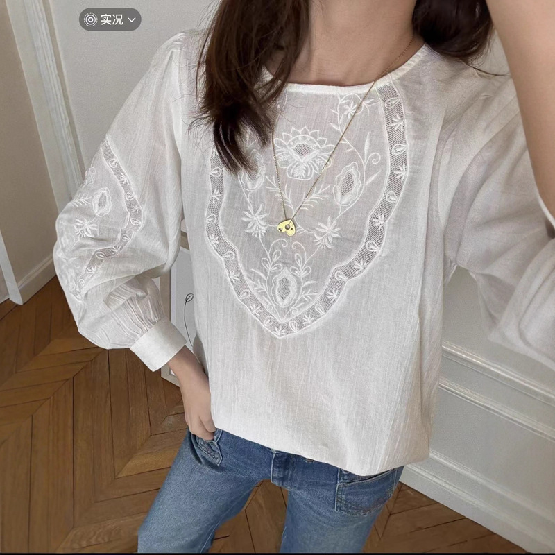 Nanyou High Version Spanish Niche 25 Autumn and Winter Women's Cotton Round Neck Embroidered Back Button Long-Sleeved Shirt for Women