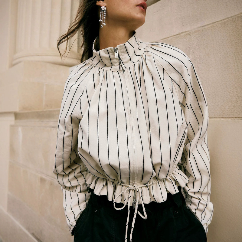 Spring New Vintage-Style Striped Ruffle Collar Printed Long-Sleeve Versatile Loose Jacket Spring New Vintage-Style Striped Ruffle Collar Printed Long-Sleeve Versatile Loose Jacket