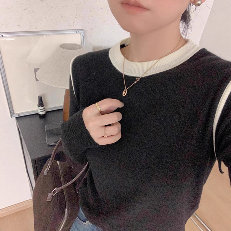 秋冬撞色圆领针织上衣女修身设计感内搭毛衣时髦百搭打底小衫|undefined