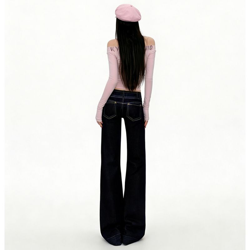 In-stock wholesale denim blue original color jeans for women, non-tight-fitting, slightly flared, low-waisted, trendy, loose-fitting, slimming