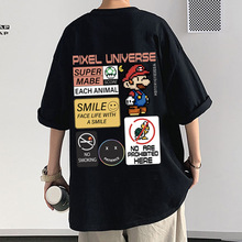 2022夏季新款宽松短袖T恤男潮牌马里奥印花圆领落肩半袖体恤T