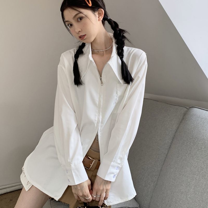 法式拉链白色长袖衬衫女秋季设计感小众宽松显瘦别致新款上衣|undefined
