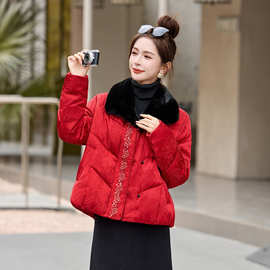 新中式国风提花翻领红色羽绒服2025冬季女气质红色羽绒服白鸭绒