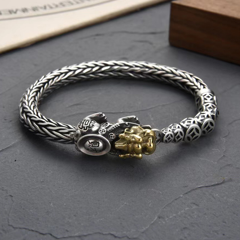 Ethnic genuine woven retro silver bracelet handmade