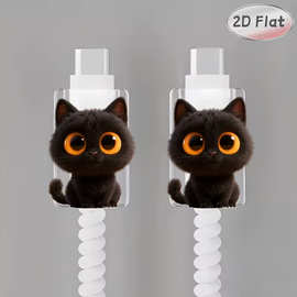 2D大眼睛可爱黑猫图片数据线保护套，防破损，Type-C手机数据线保