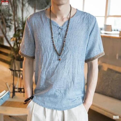 Slim Linen Cotton Mesh Men's Short Sleeve T-Shirt Summer Men's Trendy Personality Upper Clothes Short Axle Ture