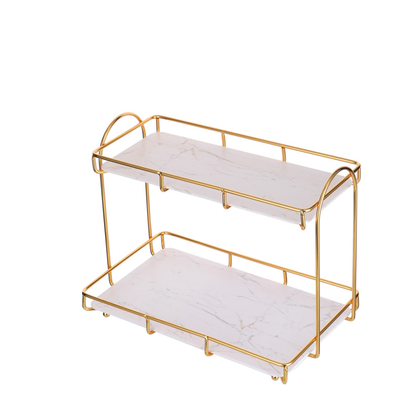 Oro de doble capa de hierro aseo organizador rack de baño aseo rack de almacenamiento de cosméticos de escritorio rack de almacenamiento desmontaje