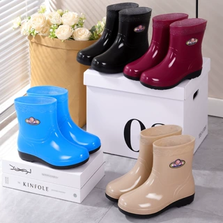 春雨季雨鞋中短筒女水鞋加棉套胶鞋通勤水靴全黑耐脏女式中帮水鞋