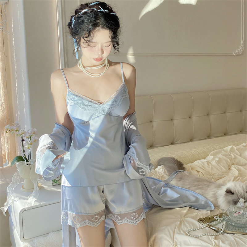 2024氷糸寝衣女春夏吊りスカート半ズボン露ストラップ胸パッド四点セット新型アンドロメダ風ホームウェア|undefined