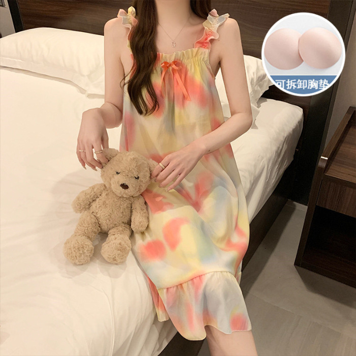 Verano con almohadilla de pecho dulce esling pijama vestido de mujer flores dulces lindas pijama casera casera