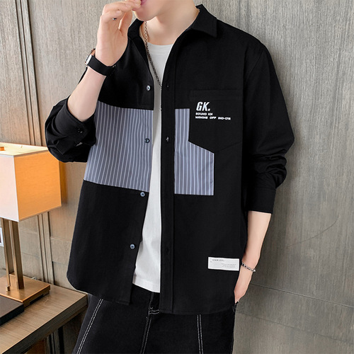 Men's Long-Sleeve Shirt for Spring and Autumn | Instagram-Fashion Brand Workwear Style | Autumn Edition Cool & Edgy Patchwork Blouse Top + Outerwear
