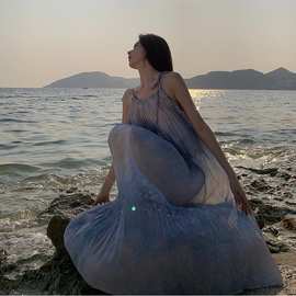 2023新款超仙气质法式小香风海边度假公主紫色仙女挂脖连衣裙