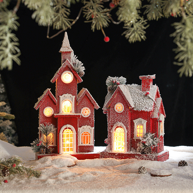 Navidad madera luminosa nieve paisaje casa de nieve decoración de cabaña europea retro madera pequeña casa de nieve