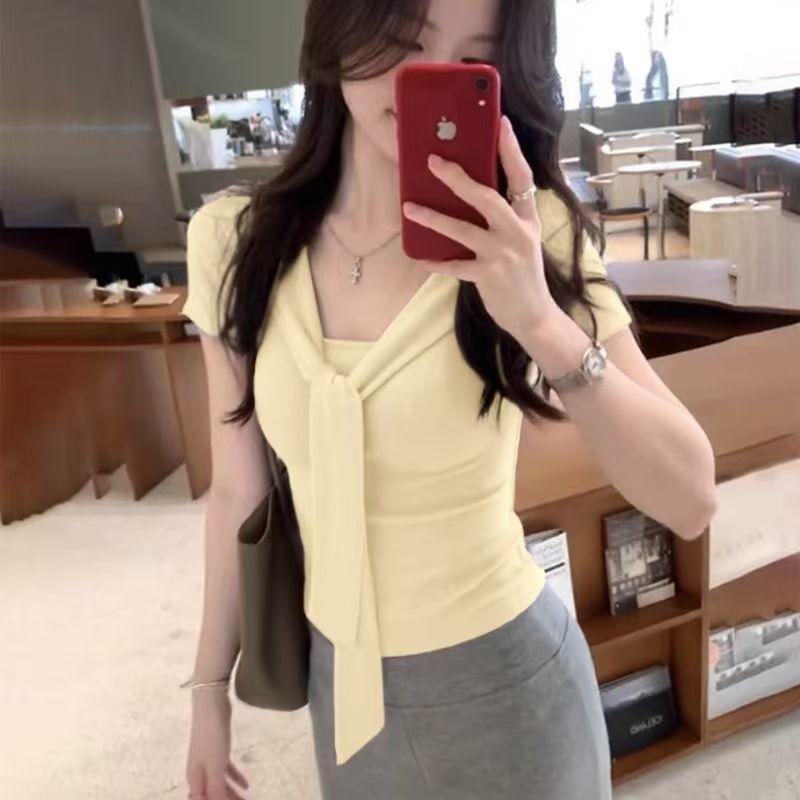 时尚简约假两件绑带大领口短袖T恤女夏季新款别致设计感纯欲上衣|undefined