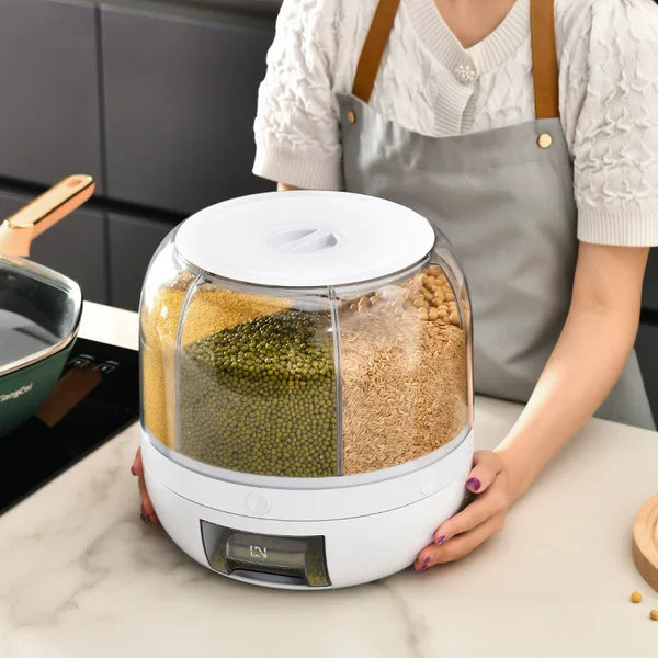 Rotating Multi-Compartment Rice Storage Container for Grains, Household Insect-Proof and Moisture-Proof Sealed Rice Storage Box, Plastic Rice Bin