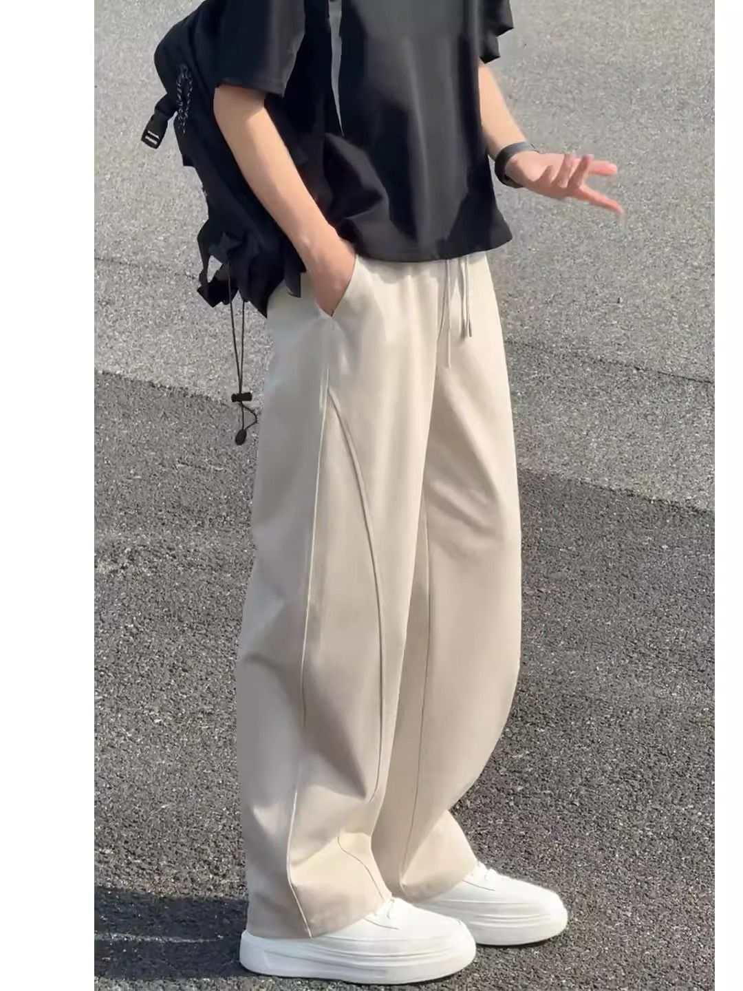 Pantalon de survêtement homme, couleur unie délavée, coupe ample, jambes larges, ourlet arrondi, longueur au sol, taille mi-haute, polyester, style printemps_voghion.com