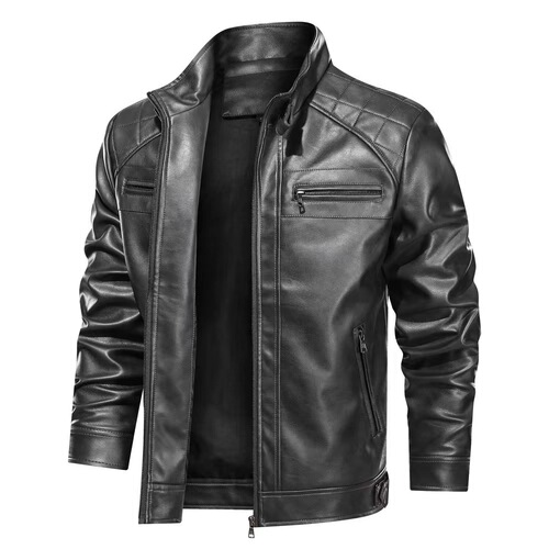 Amazon Autumn and Winter Straight Hem Side Pocket Unhooded Motorcycle Leather Jacket European and American Youth Stand Collar Jacket Men