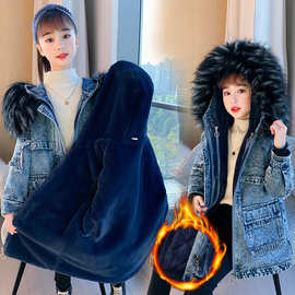 女童韩版可拆牛仔加厚派克服新款中大童2024儿童中长款棉衣外套潮