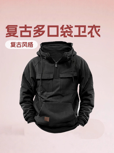Spring and Autumn American Retro Hooded Loose Ribbed Sweatshirt for Men, Blue Multi-Pocket Pouch-Neck Outerwear