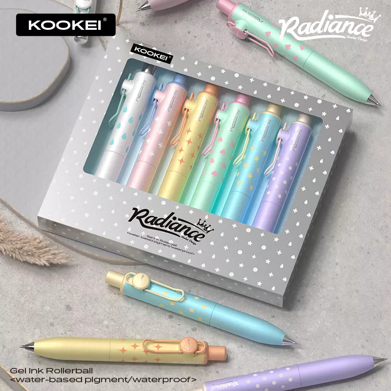 kookei soft light gel pen set, featuring shimmering star and island designs, chubby pen, polka dot and star patterns, black spade design, 0.5mm