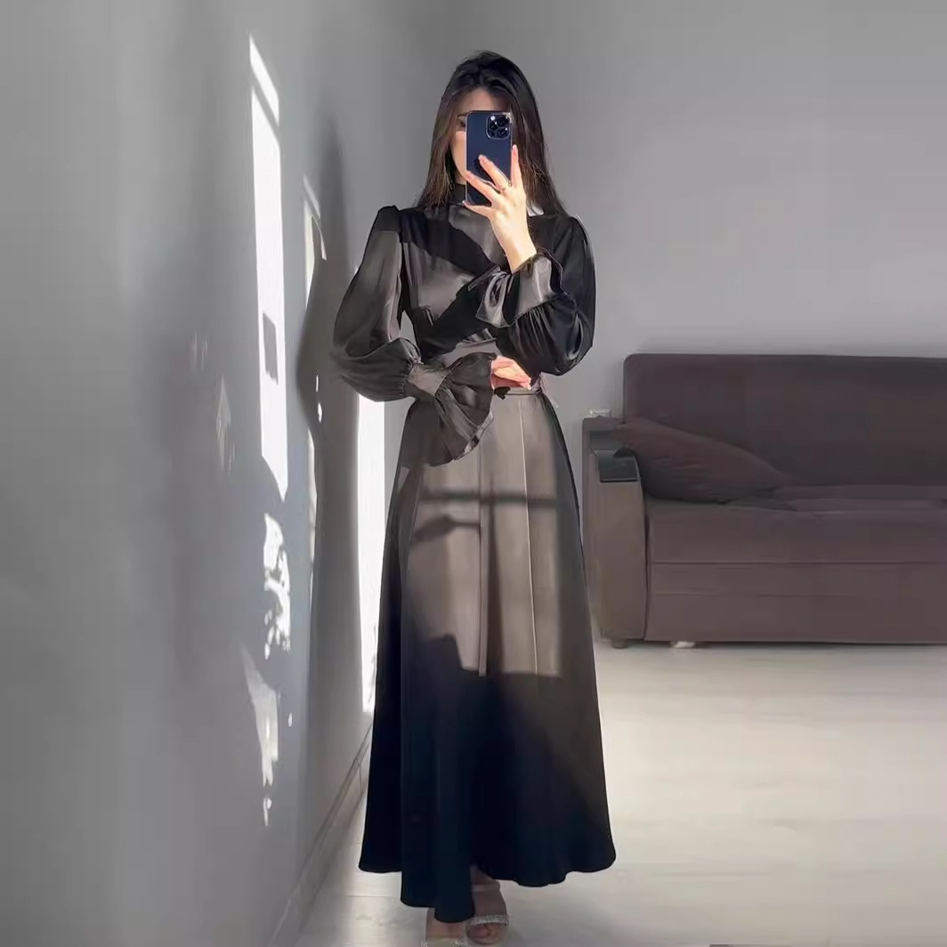 European And American Foreign Trade 2025 Autumn New Long-Sleeve Waist-Cinched Puff-Sleeve Solid Color Fairy-Style_ecoleips.com