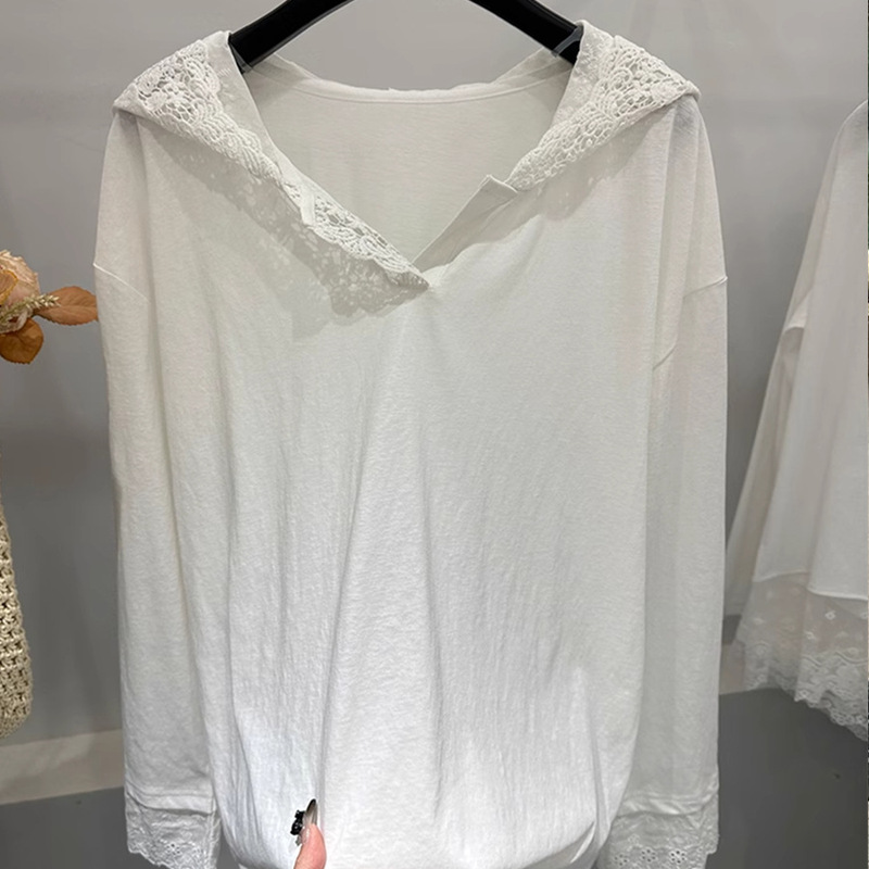 Korean Style Spring New Lace Hooded Collar Pure Color Simple Loose Pullover Long-Sleeved White Inner T-Shirt Bottoming Shirt Korean Style Spring New Lace Hooded Collar Pure Color Simple Loose Pullover Long-Sleeved White Inner T-Shirt Bottoming Shirt