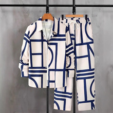 美式跨境2025新款休闲时尚湖流线条男士长袖村衫长裤套装满版印3d