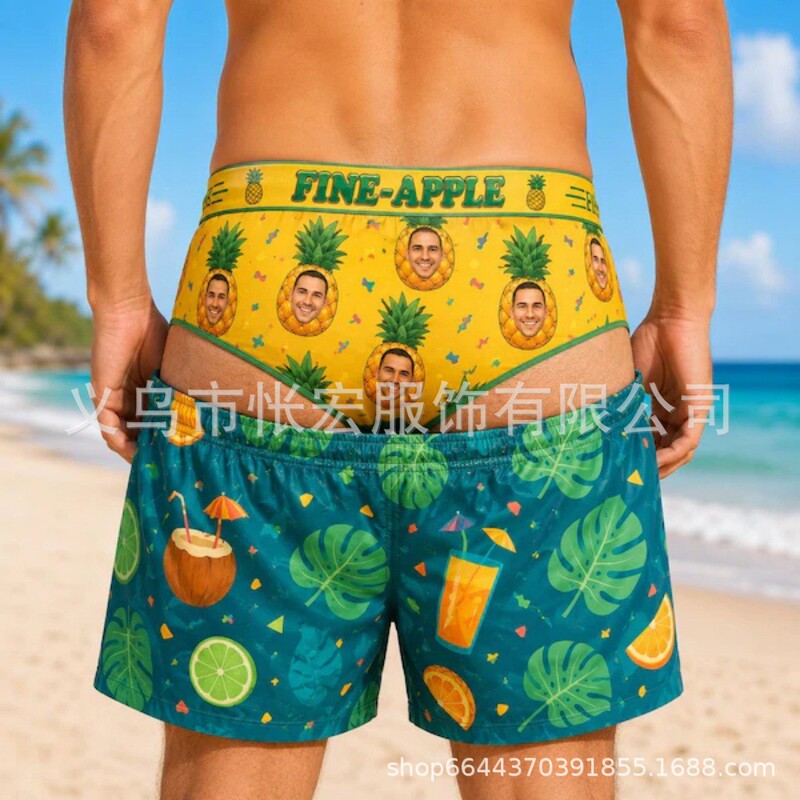 Quirky and funny style men's five-point boxer shorts with drawstring, beach shorts, essential swimming trunks