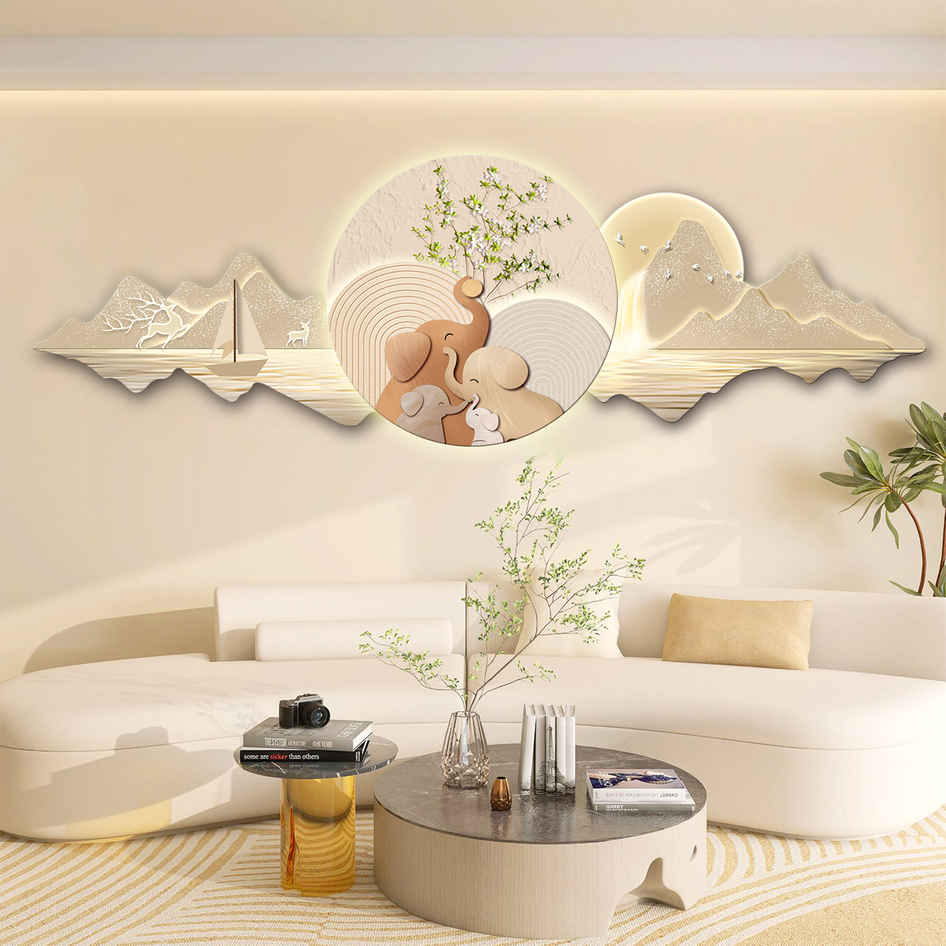 led带灯轻奢奶油客厅装饰画纯手绘沙发背景墙挂画壁画简约现代