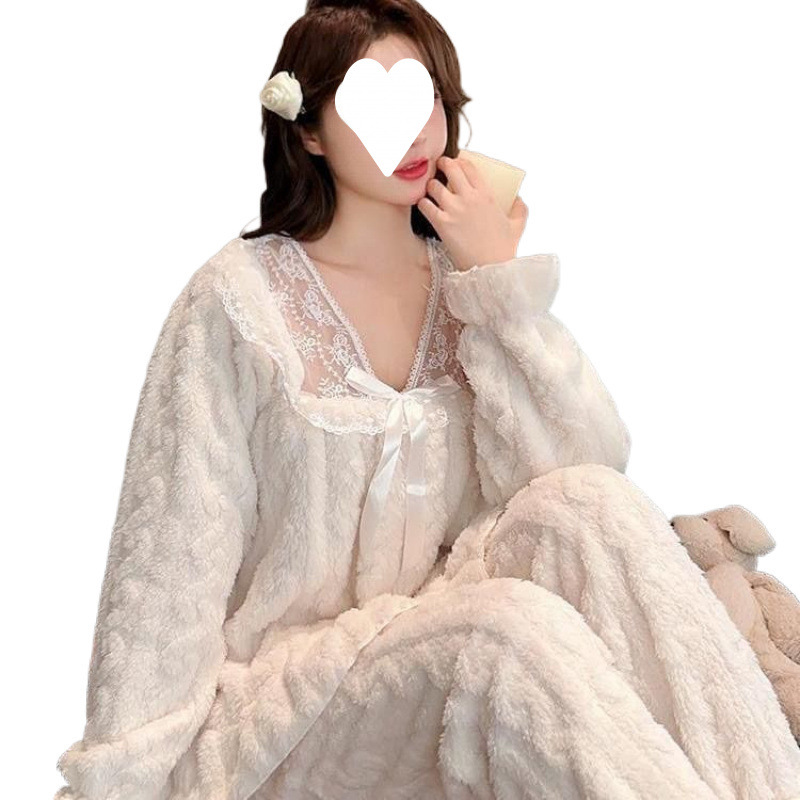 가을 겨울 여학생을 위한 새로운 산호 털 파자마, 두꺼운 한국 스타일 레이스 플란넬, 공주 스타일, 달콤한 홈 의류