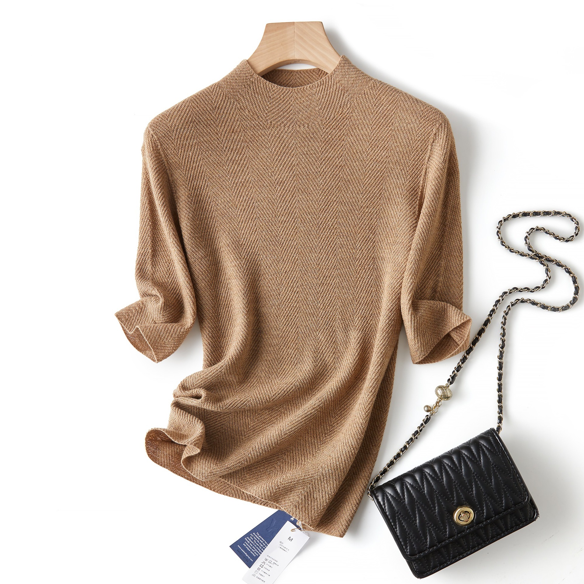 Knitted Pullover Sweater for Women in Early Autumn with Fine Yangzi Wool Texture and Herringbone Pattern, Half Turtleneck, Mid-Sleeve