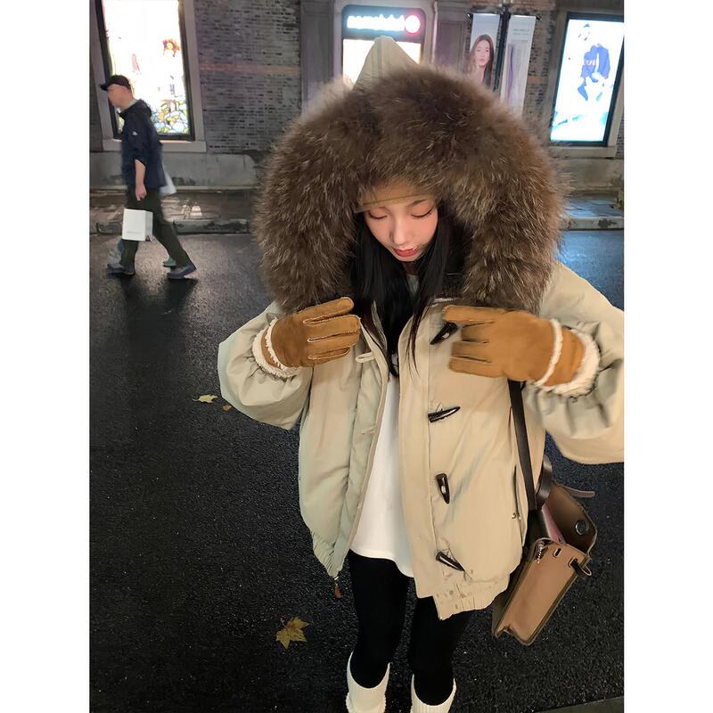 Ouyang Large Raccoon Fur Collar down Jacket for Women, Winter Thickened Warm 90% White Duck Down, Horn Button Hooded Coat