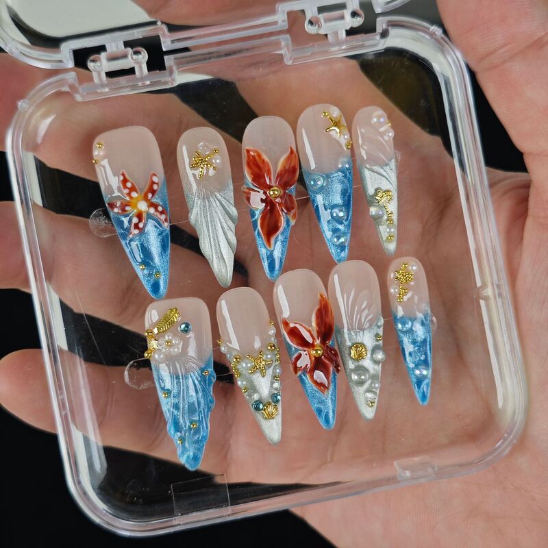 Ocean-themed 3D blue gradient starfish and shell carved pearl gold decoration handmade pointed finished fake nails Ocean-themed 3D blue gradient starfish and shell carved pearl gold decoration handmade pointed finished fake nails
