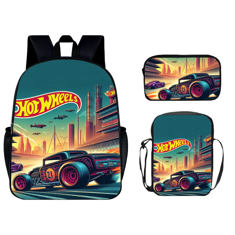 Hot Wheels Race School Bag, Shoulder Bag, Pencil Case 3-Piece Set for Elementary Students D-Style Wholesale