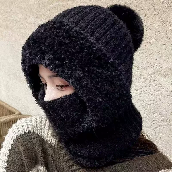 Winter Warm All-In-One Hat for Women, Fleece-Lined and Thickeneded, Cycling Ear Protection Woolen Hat, Cold-Proof Face-Covering Knitted One-Piece Hat