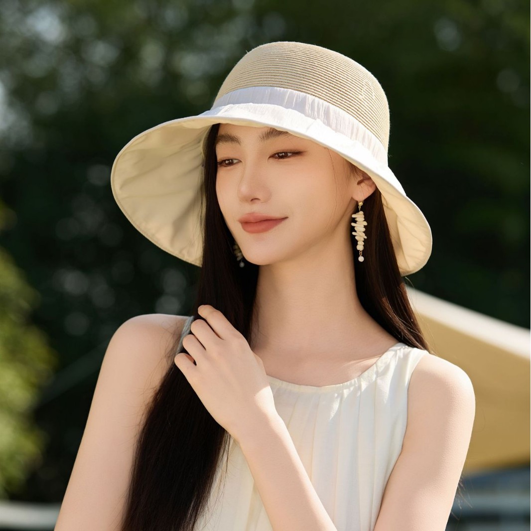 遮阳帽女夏季防晒防紫外线太阳帽透气草帽显脸小蝴蝶结可折叠帽子