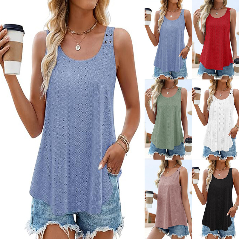2026 Summer European and American Amazon Cross-Border New Women's Flowy Sleeveless Loose Round Neck Eyelet Embroidered Camisole