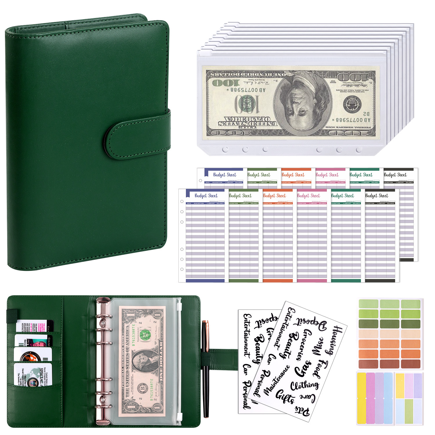 Presupuesto transfronterizo Cash Clip de hojas sueltas Bolsa con cremallera Sobres Libro de cuentas A6 Macarons PU Cuaderno de hojas sueltas de cuero