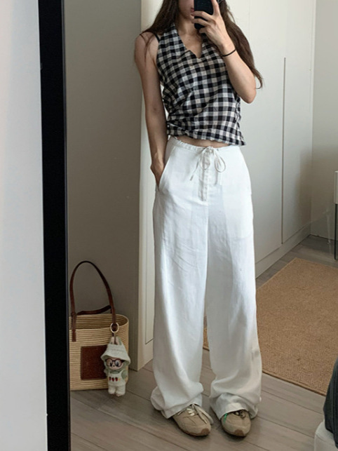 chao级推荐！夏季薄款藏青色亚麻宽松直筒裤女百搭显瘦窄版阔腿裤|undefined
