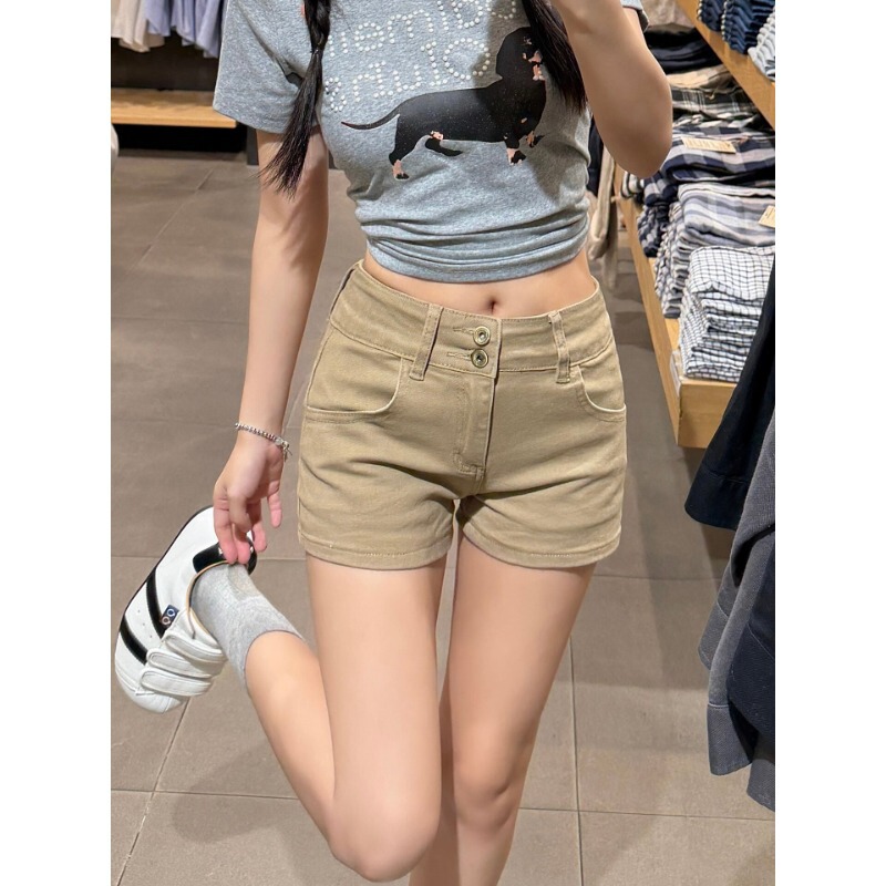 Plus-Size Khaki Stretch Denim Shorts for Women, Summer High-Waisted Slimming Retro American-Style A-Line Straight Hot Pants