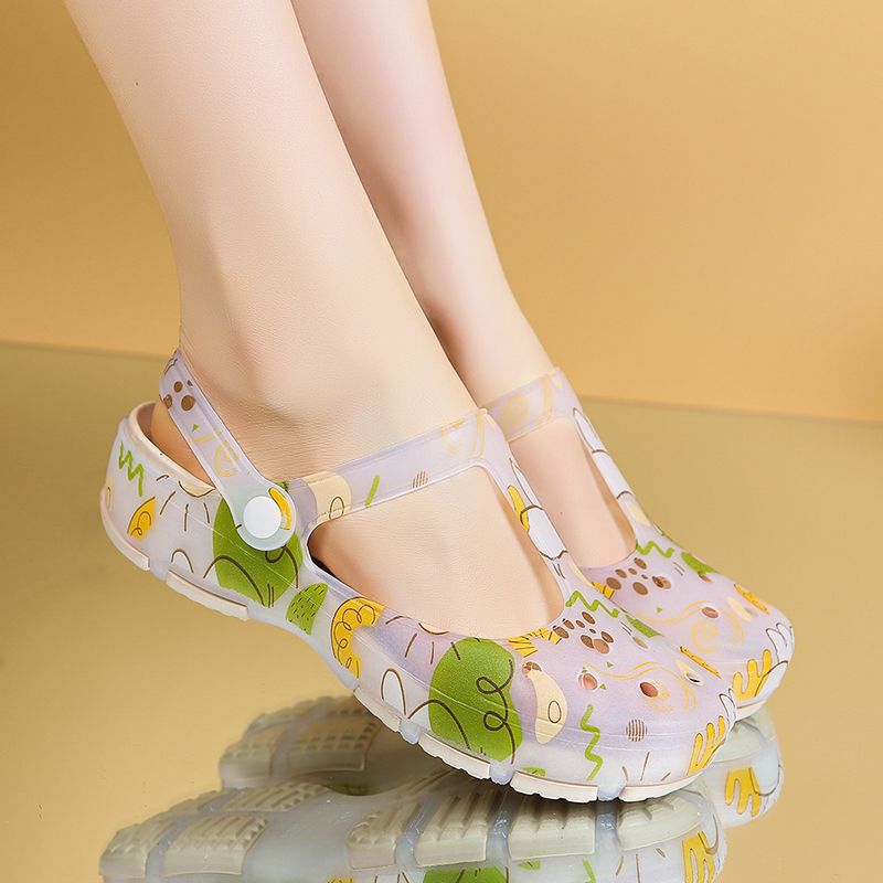 Non-Slip Beach Shoes Summer New Two-Wear Soft-Soled Clogs Women's Sandals Hollow Printed Sandals Breathable and Lightweight