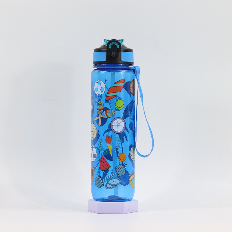 Taza de plástico transparente, 1000ml, tapa de rebote, con escala y pajita, deporte outdoor