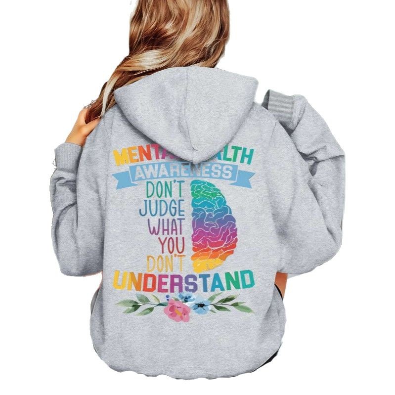 Lässiger Damen-Kapuzenpullover mit Aufdruck eines Slogans zur Sensibilisierung für psychische Gesundheit – elegant, bequem und modisch._voghion.com