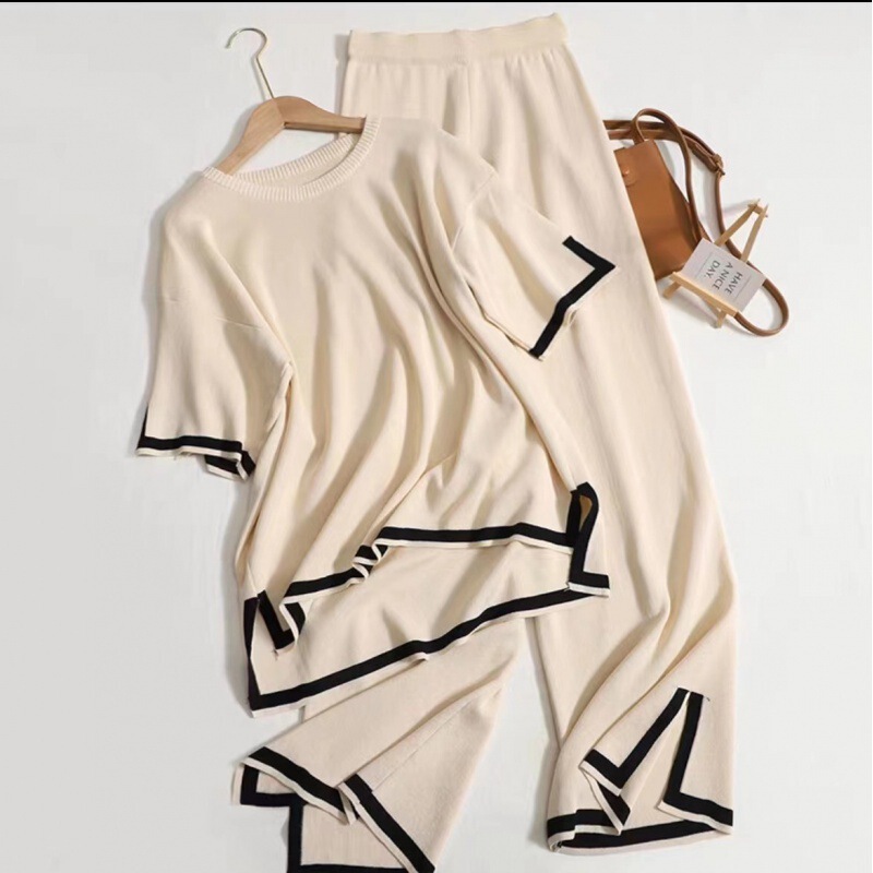New Fashion suit Elegant Contrast Color Split Short-sleeved Knit Sweater High Waist Slimming Wide Leg Pants Two-piece Set New Fashion suit Elegant Contrast Color Split Short-sleeved Knit Sweater High Waist Slimming Wide Leg Pants Two-piece Set