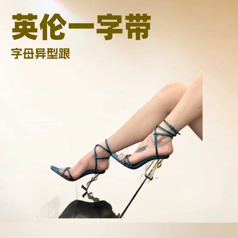 British Style One-Strap Sandals 2026 Summer New European and American Sexy Letter-Heeled High Heels with Cross Straps Niche Women's Shoes