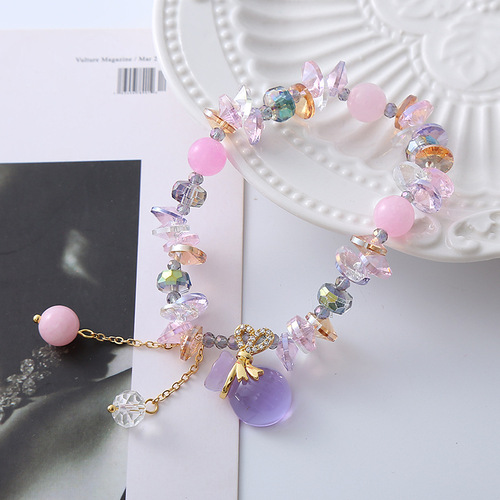 New Fresh Pink Stone Crystal Bracelet for Women, Simple Colorful Bracelet, Elastic Design Bead Jewelry Gift