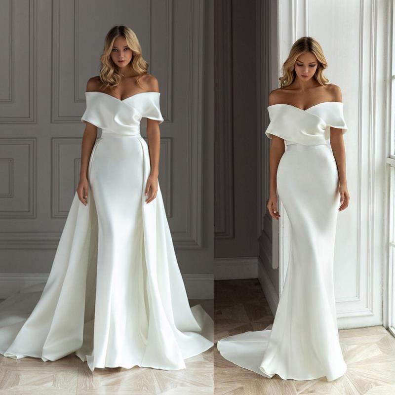 European and American New Light Wedding Dress Satin Long Tail Elegant Simple Hepburn Style Hosting off-shoulder Wedding Dress Summer European and American New Light Wedding Dress Satin Long Tail Elegant Simple Hepburn Style Hosting off-shoulder Wedding Dress Summer