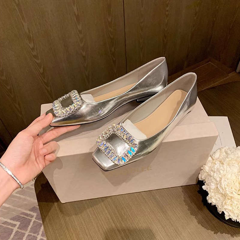 New Spring Style Rhinestone Square-Toe Shallow Silver Flat Shoes, Fairy-Like Soft Leather Elegant Commuter Women's Shoes