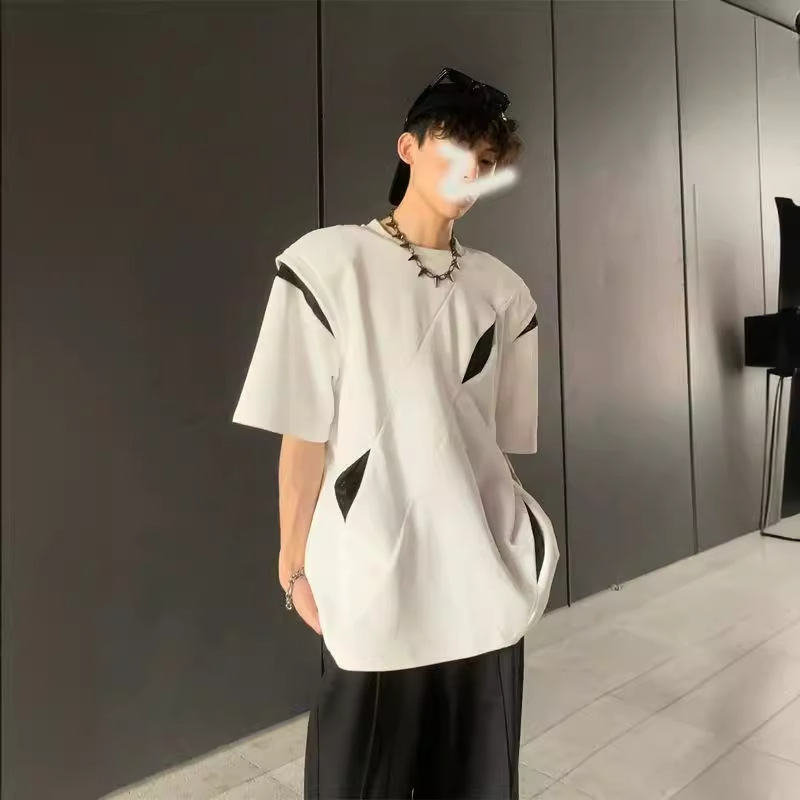 Design Sense Shoulder Pad T-Shirt Men's Niche Advanced Sense Segmentation Deconstruction American Short-sleeved Fashioned Brand Small Collar Men's Model Wear