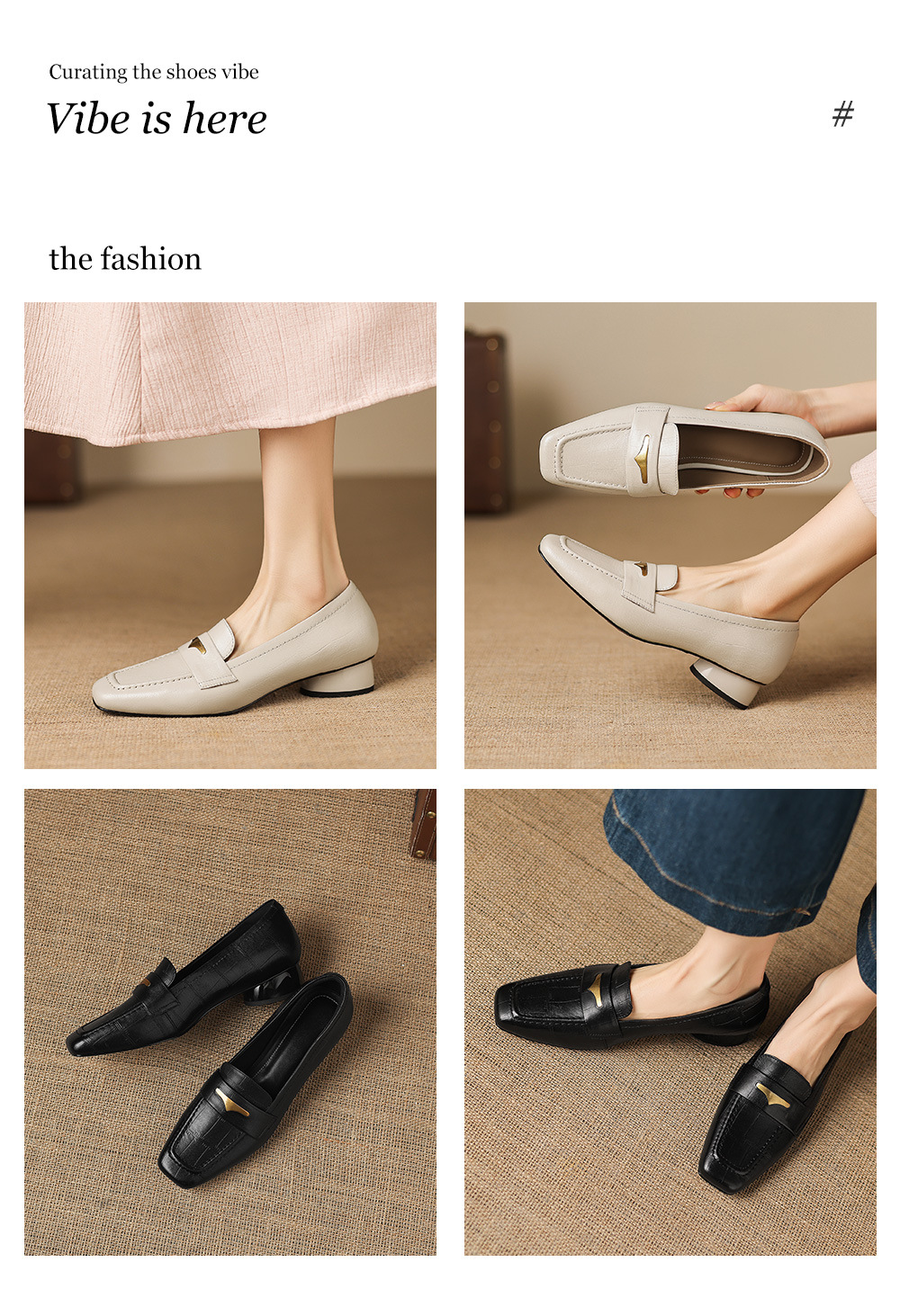 Giày loafer nữ da dê mũi vuông gót thấp kiểu cổ điển — đen chi tiết 1